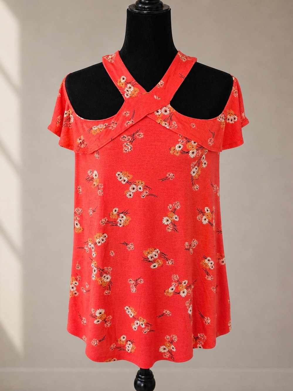 Floral Cold-Shoulder Cross-Strap Top in Red